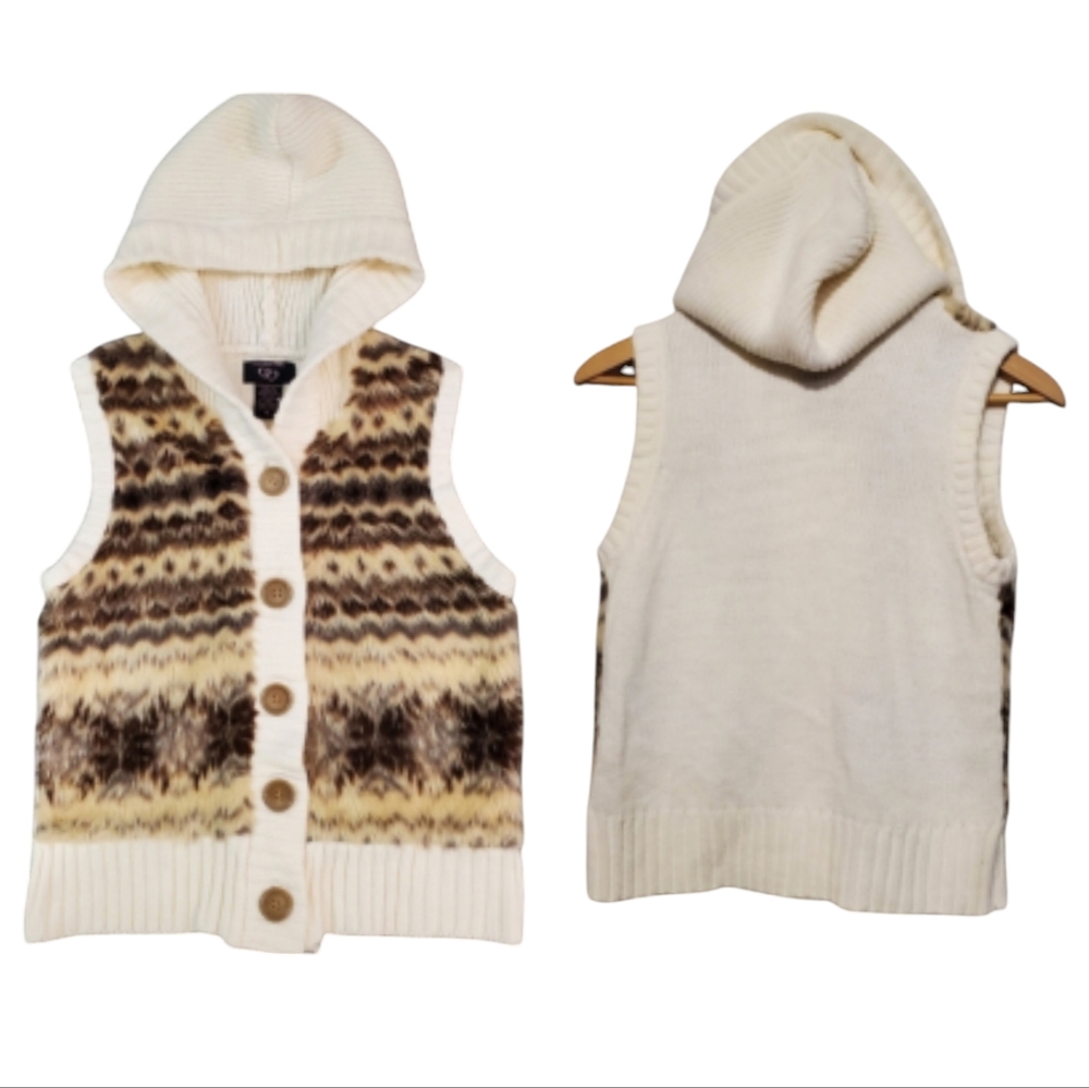 Its Our Time Hooded Vest Juniors XL Ivory Knit Button Down Animal Print Faux Fur